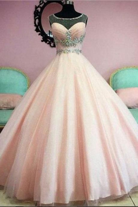 Ball Gown Illuion Scoop Crystals Beads Tulle Prom Dress Ball Gown Quinceanera Dress For Juniors