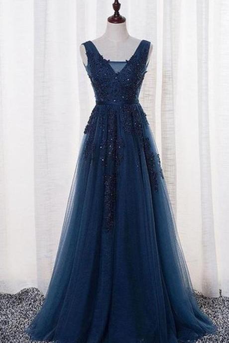 Elegant Tulle Prom Dress Lace Prom Dress Navy Blue Long Prom Dress With Open Back Formal Dresses Woman Evening Dress