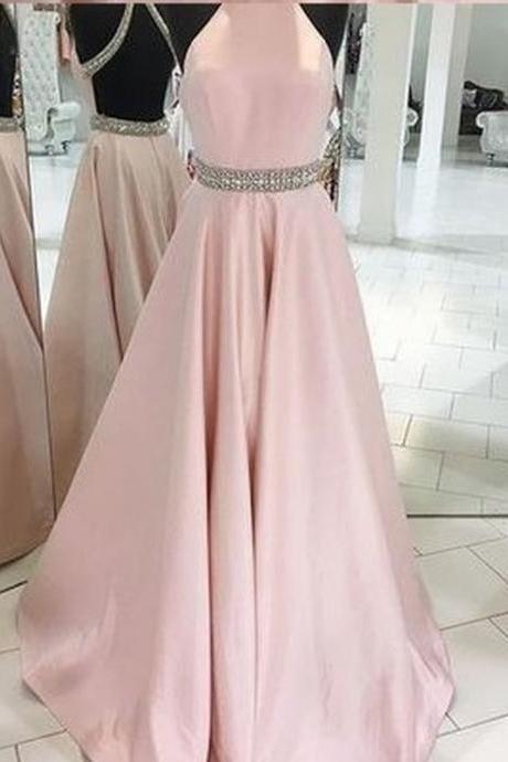 Prom Dress Crystals Beaded Bellt Prom Dress Long Prom Dress Pink Backless Prom Dress Halter Prom Dress Evening Dress