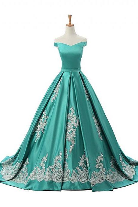Green Off The Shoulder A Line Prom Dress Princess Prom Gown With Lace Appliques Prom Gowns