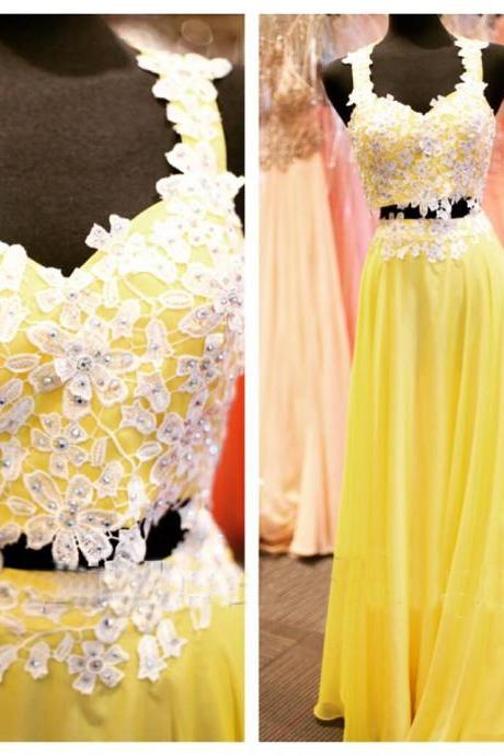 Beaded Prom Dresses Beading Prom Dress Yellow Prom Gown 2 Pieces Prom Gowns Elegant Evening Dress Lace Evening Gowns 2 Piece Evening Gowns
