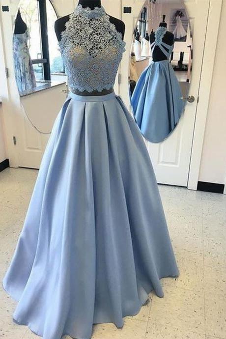 Blue Two Pieces Lace Long Prom Dress High Neck Prom Dress A-line Prom Dress Backless Prom Party Dress Blue Lace Evening Dress 2 Pieces Prom Dresses Senior Prom Dress