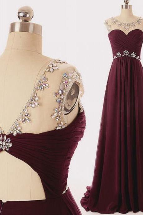 Scoop Neck Long Chiffon Prom Dresses Crystals Beaded Floor Length Party Dresses Custom Made Women Dresses