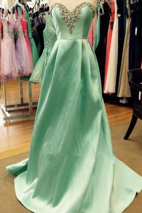 Long Green Satin Prom Dresses Sweetheart Neck Crystals Party