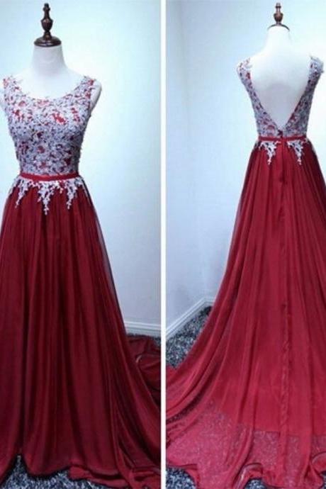Dark Red Chiffon Prom Dresses Lace Prom Dresses Scoop Neck Women Party Dresses 