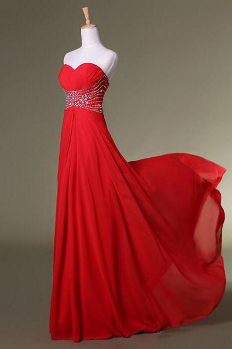 Red Chiffon Prom Dresses Crystals Women Party Dresses