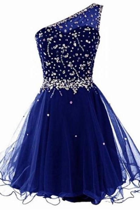 One Shoulder Blue Tulle Homecoming Dresses crystals Women party Dresses