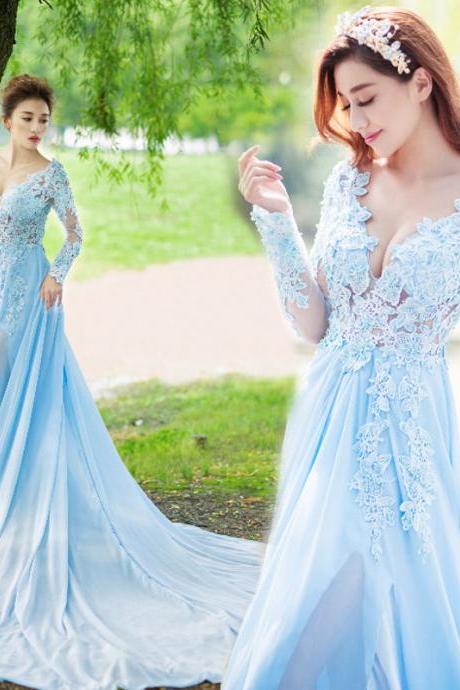 Light Blue Long Sleeve Lace Wedding Evening Dresses Prom Party Gown Formal Dress