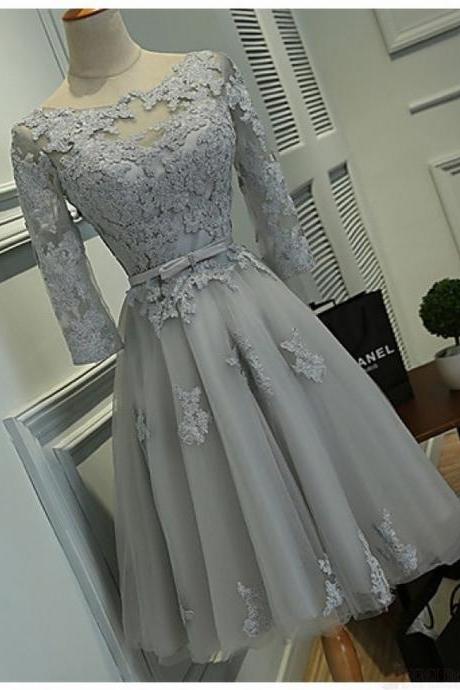 Light Grey Tulle Homecoming Dresses Lace Appliques Women Party Dresses