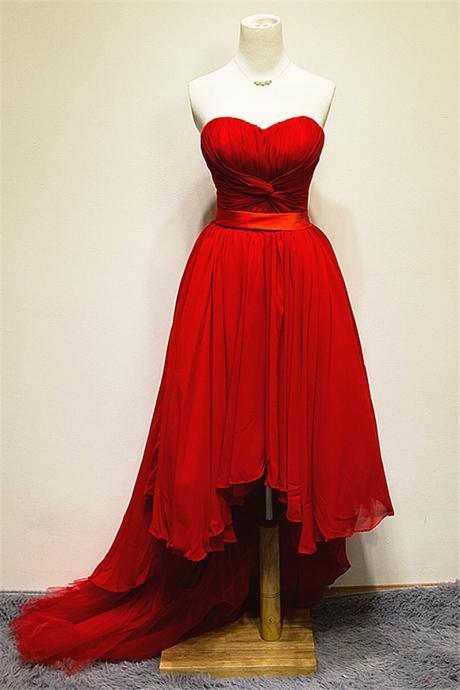 High Low Red Chiffon Prom Dresses Sweetheart Pleat Women Party Dresses