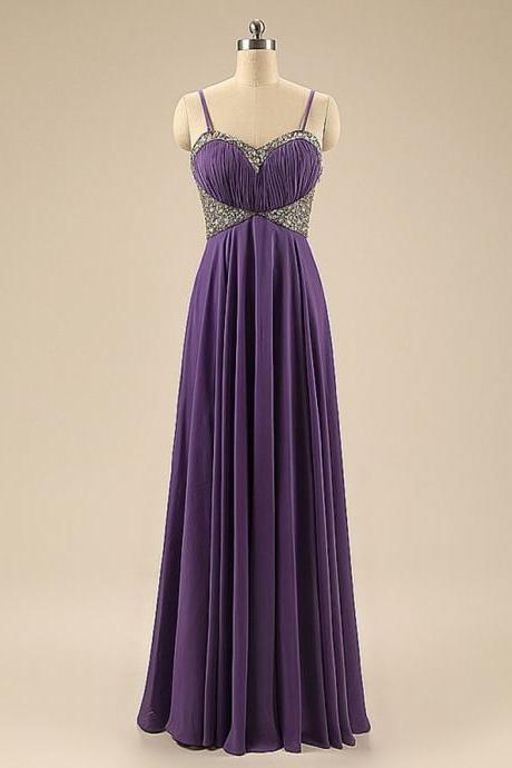 Long Chiffon Prom Dresses Crystals Beaded Women Party Dresses Purple Spaghetti Straps Women Dresses