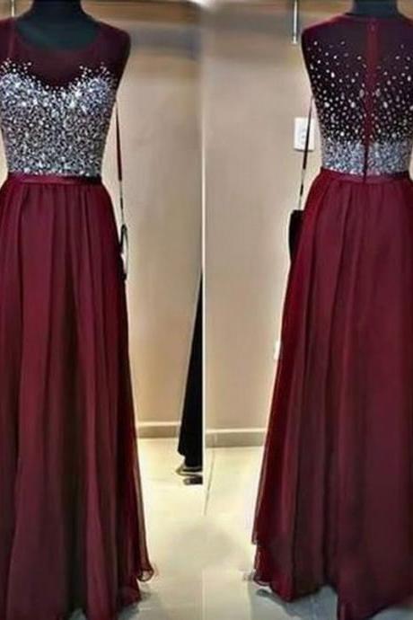 Scoop Neck Long Chiffon Prom Dresses Crystals Women party Dresses