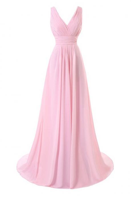 V-neck Long Chiffon Bridesmaid Dresses Pink Women Dresses