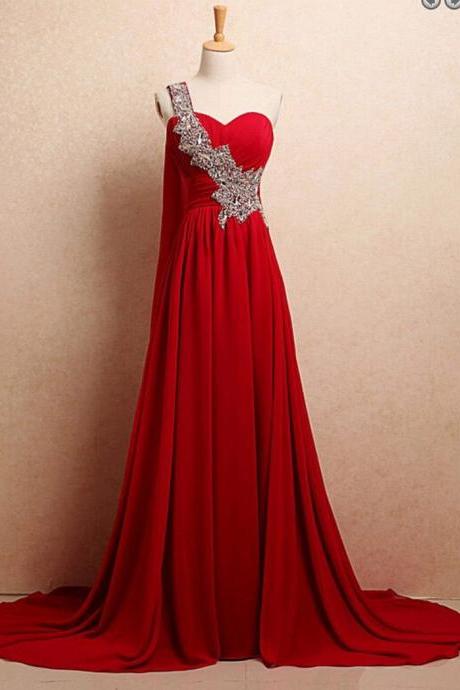 One Shoulder Red Long Chiffon Prom Dresses Crystals Women Party Dresses