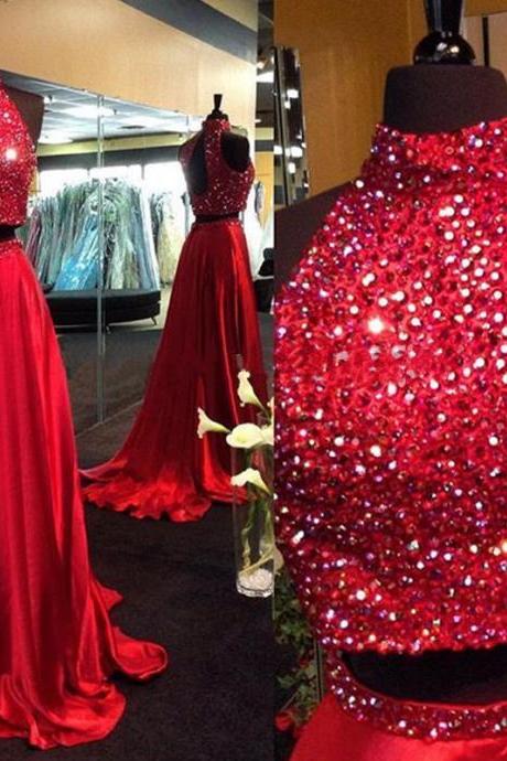 Halter Neck Long Chiffon red Prom Dresses Beaded Women Party Dresses