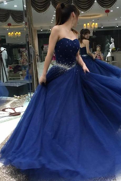 A-line Pageant Evening Dresses Formal Crystal Prom Party Bridal Gowns Blue