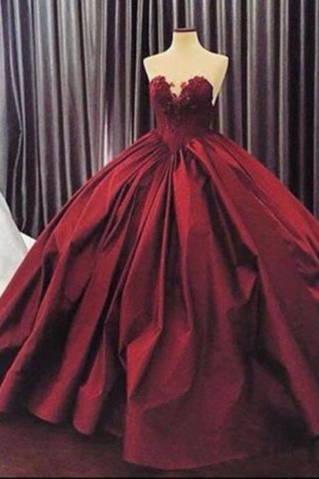 Wine Red Ball Gown Formal Prom Evening Dresses Satin Wedding Dresses Custom