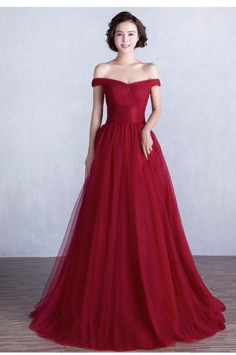 Wine Red Off Shoulder Bridesmaid Prom Dresses Tulle Formal Evening Gown Size2-16