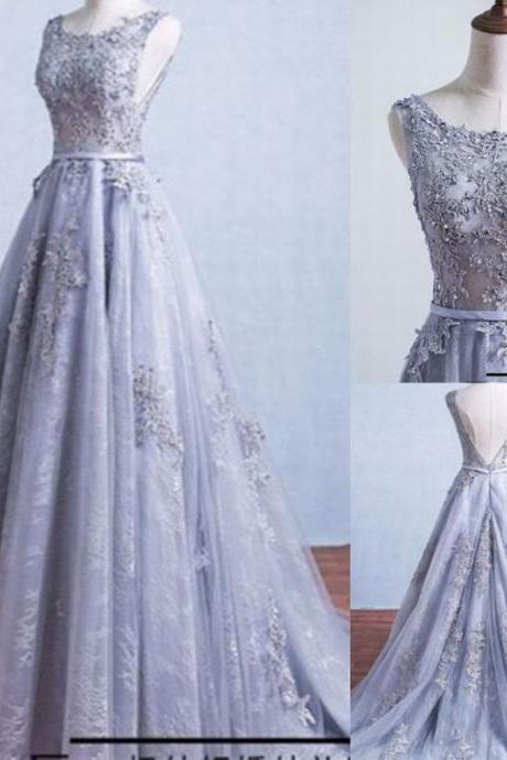 Silver Sheer Long Prom Dresses Tulle/lace A Line Formal Evening Gown Custom