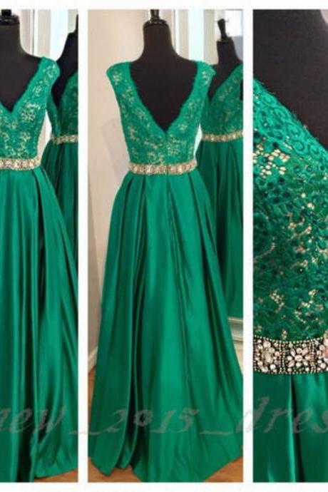 Emerald Green Lace V-neck Long Prom Dress Formal Pageant Evening Gowns Custom