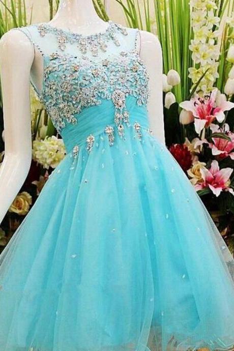 Beaded Applique Tulle Party Dress - Short Prom Homecoming Evening Gown With Crystal Waist, Knee-Length