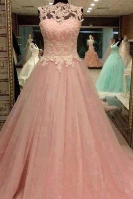 Pink Ball Gown Lace Tulle Pageant Appliques Prom Dress Sweet 16 Quinceanera Gown