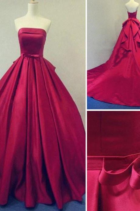 Long Burgundy Prom Dresses Ball Gowns Evening Party Gown Strapless Stain Lace-up Real Photos Dress