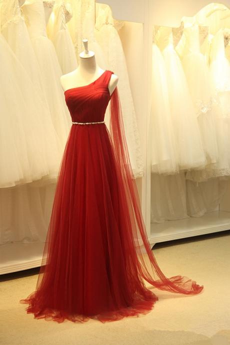 Fashion Tulle One Shoulder Wine Red Long Simple Prom Dresses Wine Red Formal Dresses Formal Gowns Evening Dresses
