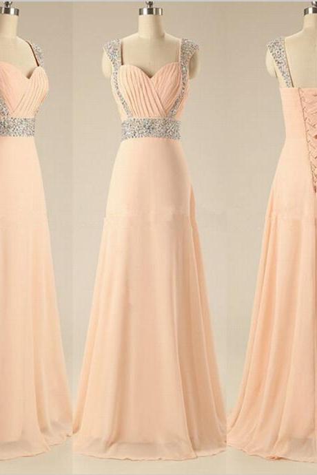 Sweetheart Beaded Cap Sleeve A Line Peach Long Prom Dresses Evening Party Dresses Bridesmaid Dresses