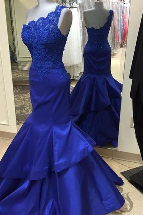 Royal Blue Taffeta One Shoulder Mermaid Prom Gown With Layered Skirt Lace Bodice
