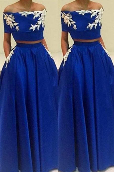 Royal Blue Satin Prom Dresses Two Parts Appliques Women Dresses