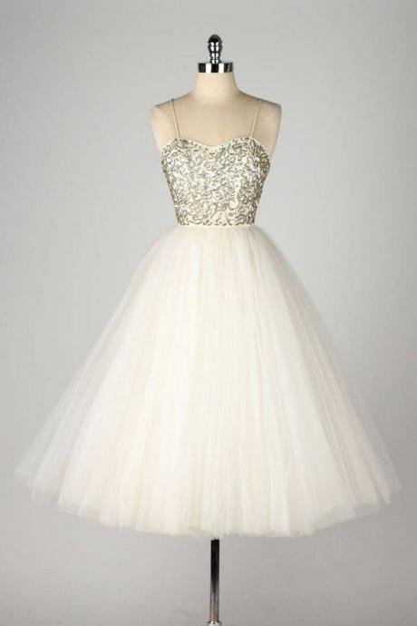 Spaghetti Strap A-line Short Tulle Dress With Sequin Embellishment - Homecoming Dress Prom Dress Formal Dress