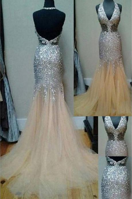 Charming Prom Dress Beading Prom Dress Halter Prom Dress Mermaid Evening Dress