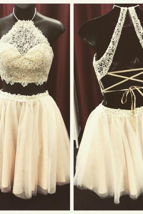 High Quality Homecoming Dress Lace Homecoming Dress Halter Graduation Dress Two Pieces Satin Prom Dress