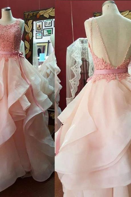 Charming Prom Dress O-neck Prom Dress Backless Prom Dress Tulle Prom Dress Appliques Evening Dress