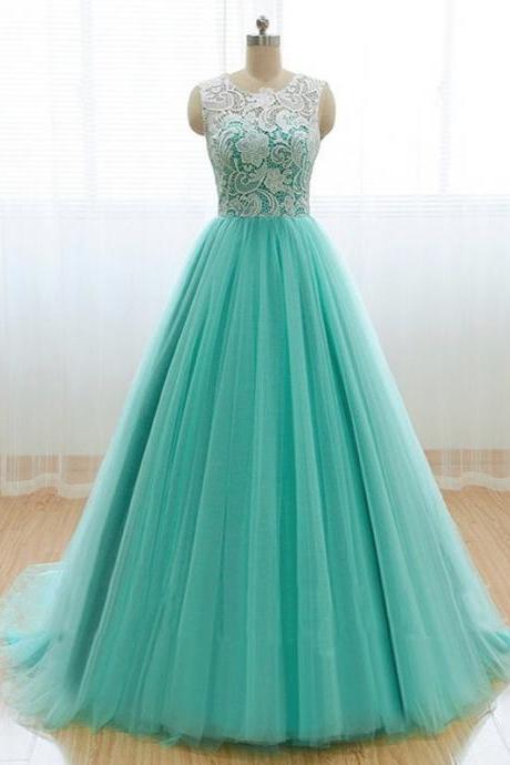 Light Blue Lace Prom Dress Tulle Prom Dress O-neck Prom Dress Lace Prom Dress A-line Prom Dress