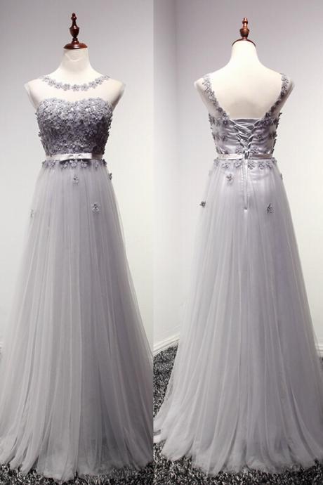 Gray Prom Dress A-line Prom Dress Tulle Prom Dress O-neck Prom Dress Appliques Prom Dress