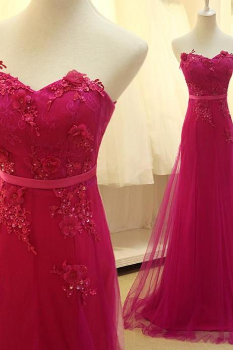 Custom Made Rose Red Tulle Long Prom Dress With Lace Applique Delicate Formal Dresses Evening Gowns
