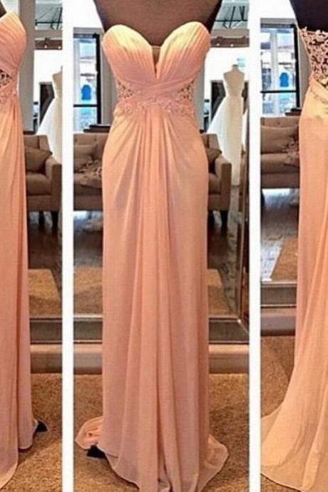 Strapless Sweetheart Lace Appliqués Ruched Floor-Length Prom Dress, Evening Dress