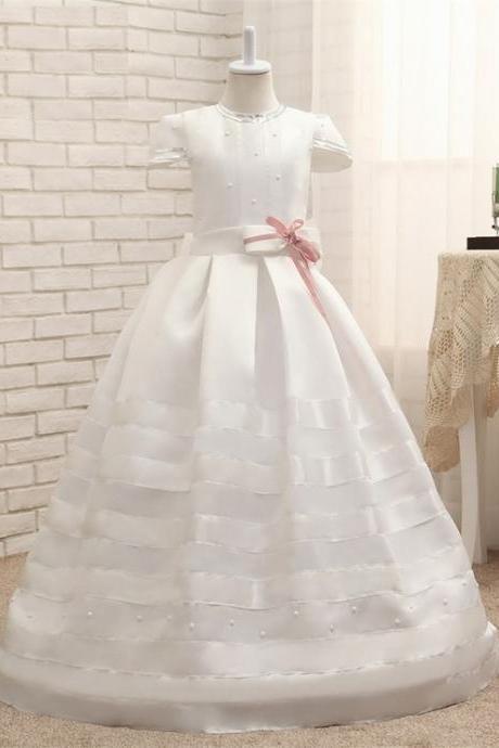 Satin Cap Sleeves White Ivory Long Floor Length Formal Flower Girl Dresses Girls First Communion Dresses Ytz153