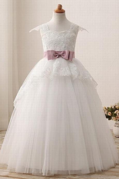 White Lace Sleeveless Flower Girl Dress With Waist Bow For Weddings - First Communion Dresses For Little Girls