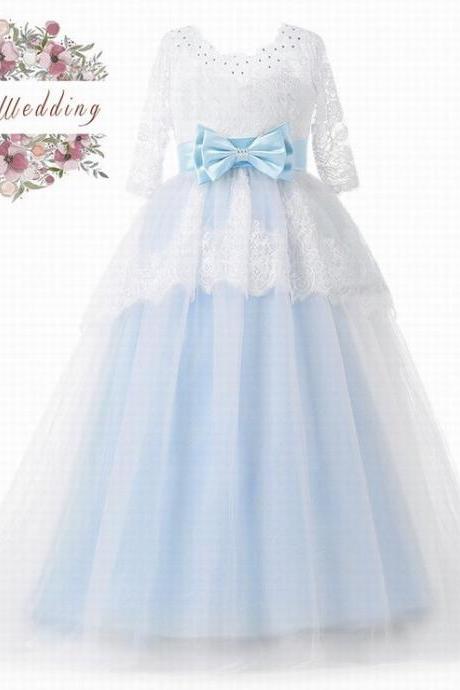 Abaowedding long blue flower girl dresses with half sleeves girls pageant ball gown dress floor length kids prom dress ytz210