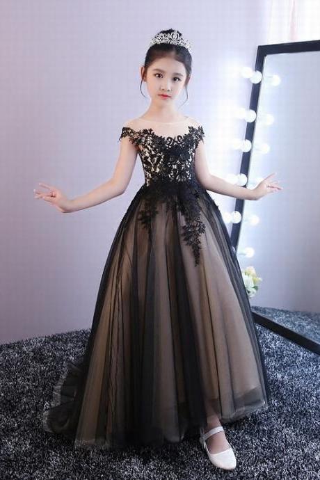 Princess Lace Flower Girls Dress Kids Dress Black Ball Gown Tulle China First Communion Dresses Ytz249