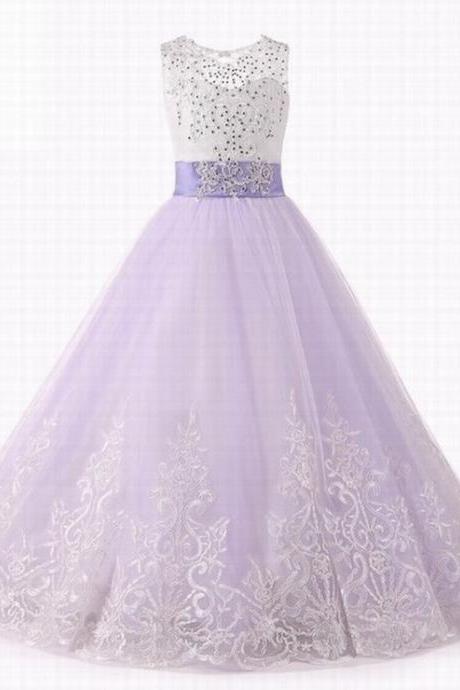 Hot Sale Sweet Bows Beading Appliques Lace Flower Girl Dresses for Wedding Beading Sash First Communion Girls Prom Party Gowns st02 (1)