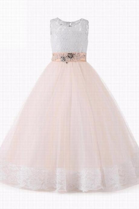 Sweet Champagne Scoop Neck Crystal Beading Lace Flower Girls Dresses For Wedding Bow Sash Girls First Communion Prom Gowns St03 (1)