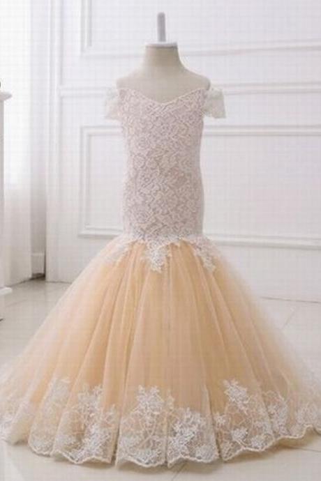Lace+tulle Champagne Flower Girl Dresses Size 2-14 Teenage Dress For Wedding Party Birthday St148