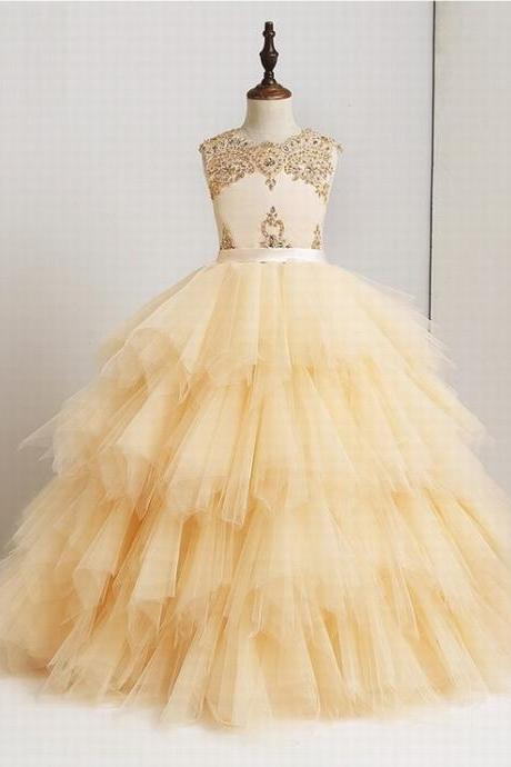 Flower Girl Dresses High Quality Made Lace Beaded Ruffles Tulle Girl Prom Dress Pageant Gown St151