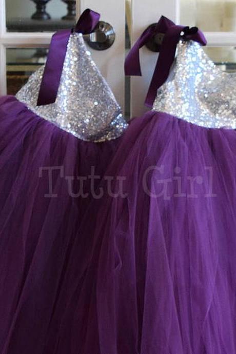 Plum Flower Girl Dress, Eggplant And Silver Tutu Dress, Silver Sequins, Eggplant Plum Tutu Dress Xk93 (1)