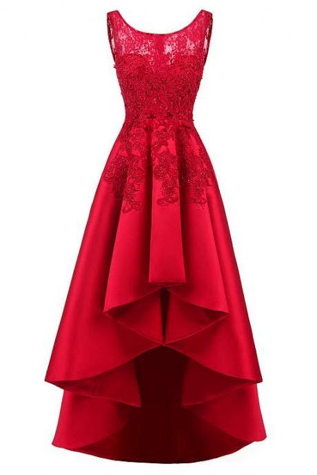 Pretty Tulle & Satin Scoop Neckline Hi-lo A-line Prom Dresses With Fix Rhinestones & Lace Appliques 18lf02