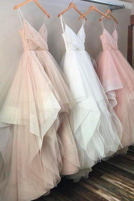 Elegant Spaghetti Strap Tulle V Neck Long Evening Prom Dresses With Train Wedding Party Birthday Dresses 18LF07
